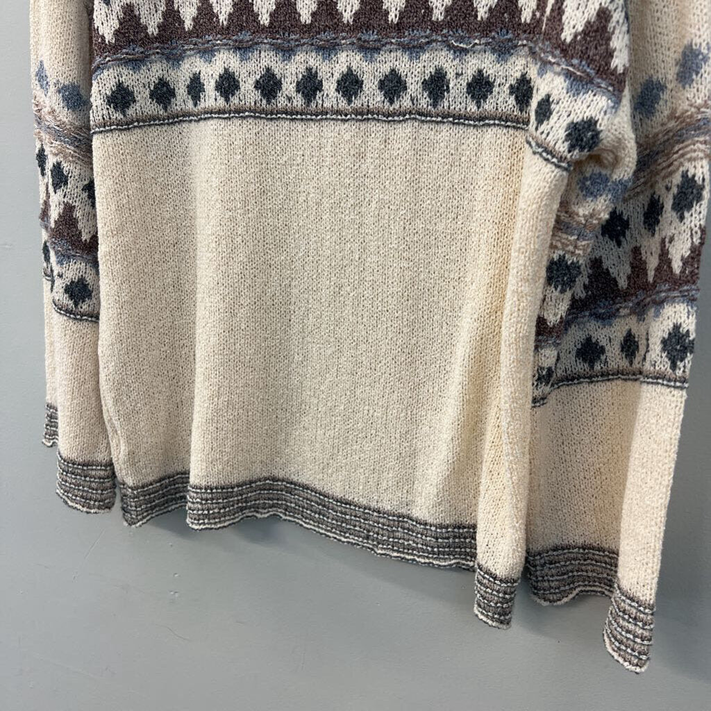 Easel Cream/ Blue Print Knit Long Sleeve Sweater Top Small