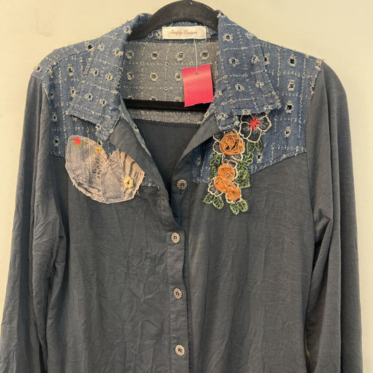 Simply Couture Blue Patchwork/ Embroidered Detail Long Sleeve Button Down Top Small