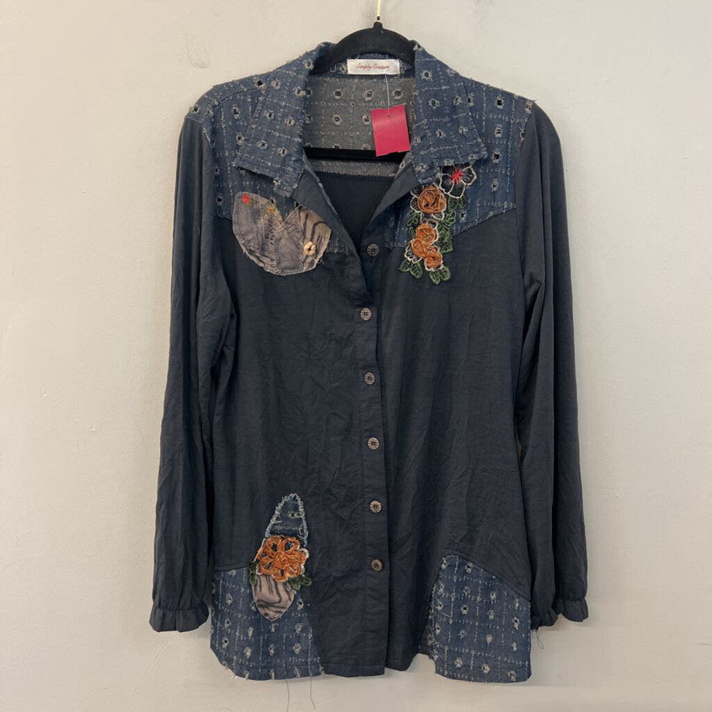 Simply Couture Blue Patchwork/ Embroidered Detail Long Sleeve Button Down Top Small