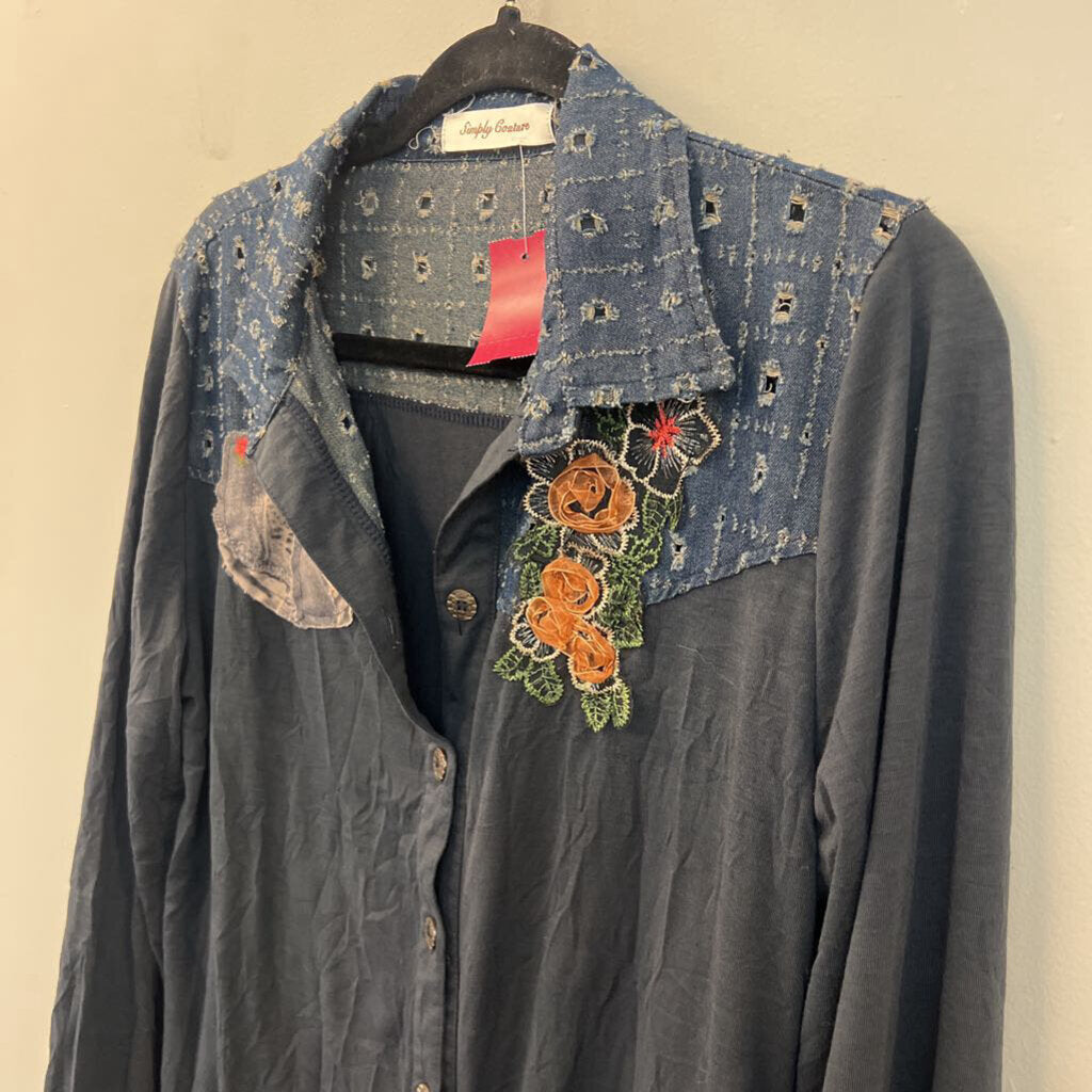 Simply Couture Blue Patchwork/ Embroidered Detail Long Sleeve Button Down Top Small