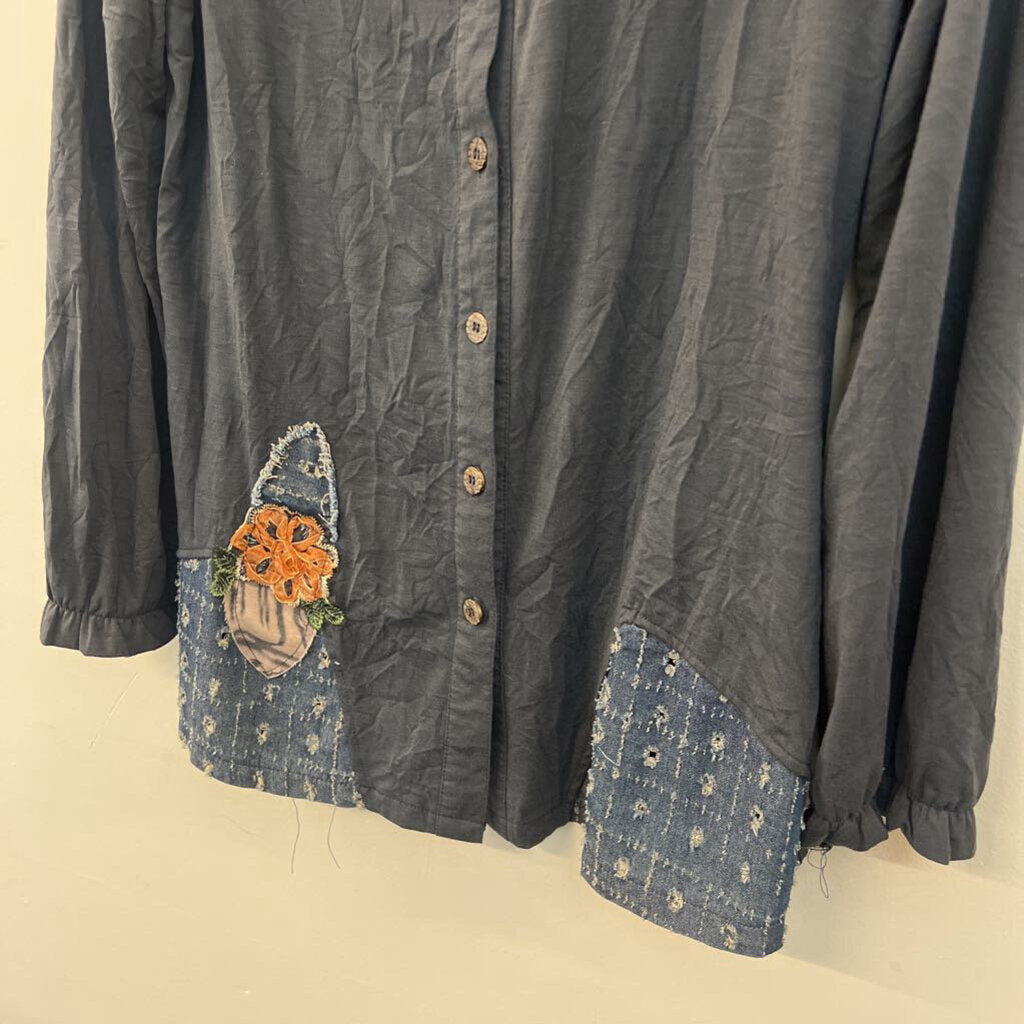 Simply Couture Blue Patchwork/ Embroidered Detail Long Sleeve Button Down Top Small