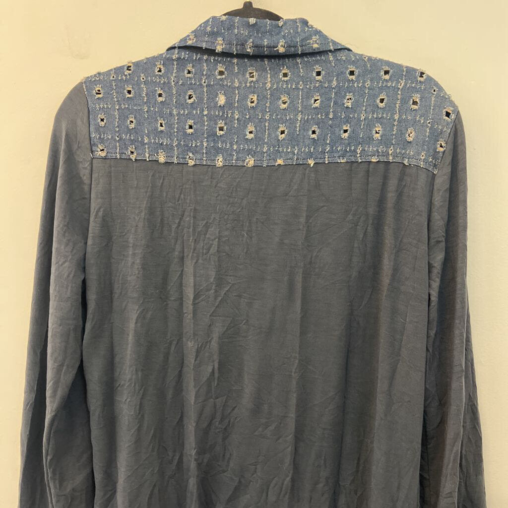 Simply Couture Blue Patchwork/ Embroidered Detail Long Sleeve Button Down Top Small