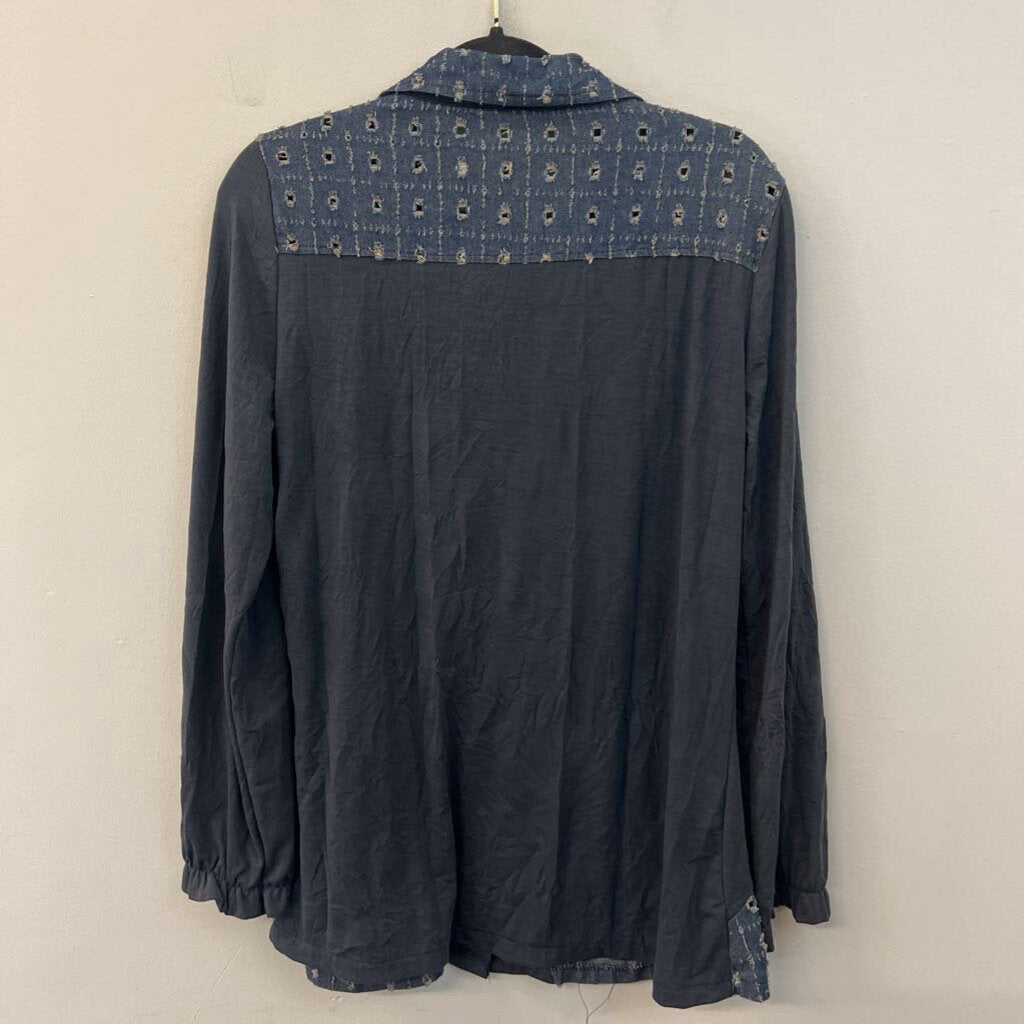 Simply Couture Blue Patchwork/ Embroidered Detail Long Sleeve Button Down Top Small