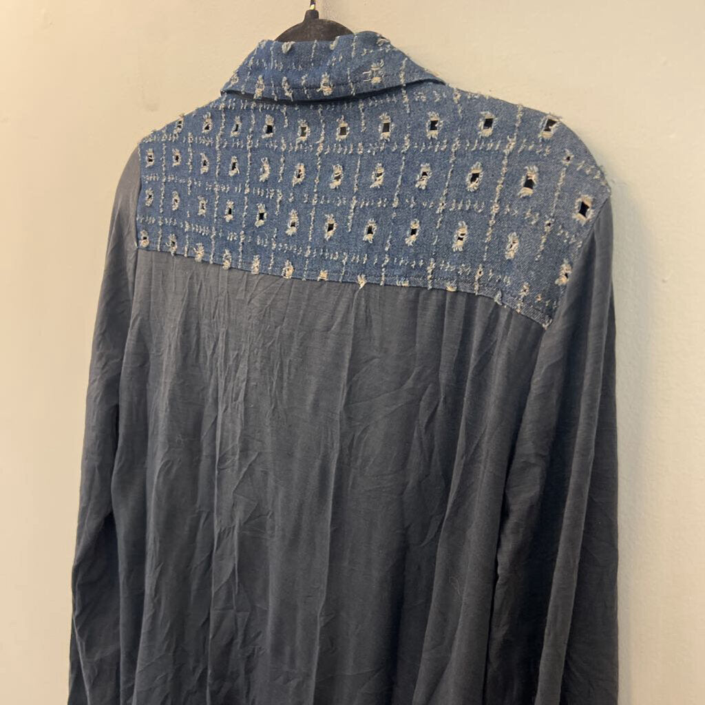 Simply Couture Blue Patchwork/ Embroidered Detail Long Sleeve Button Down Top Small