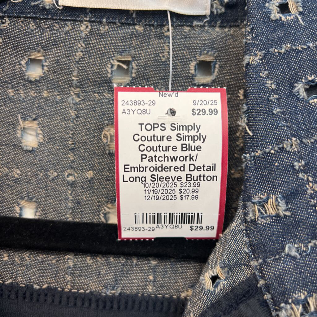 Simply Couture Blue Patchwork/ Embroidered Detail Long Sleeve Button Down Top Small