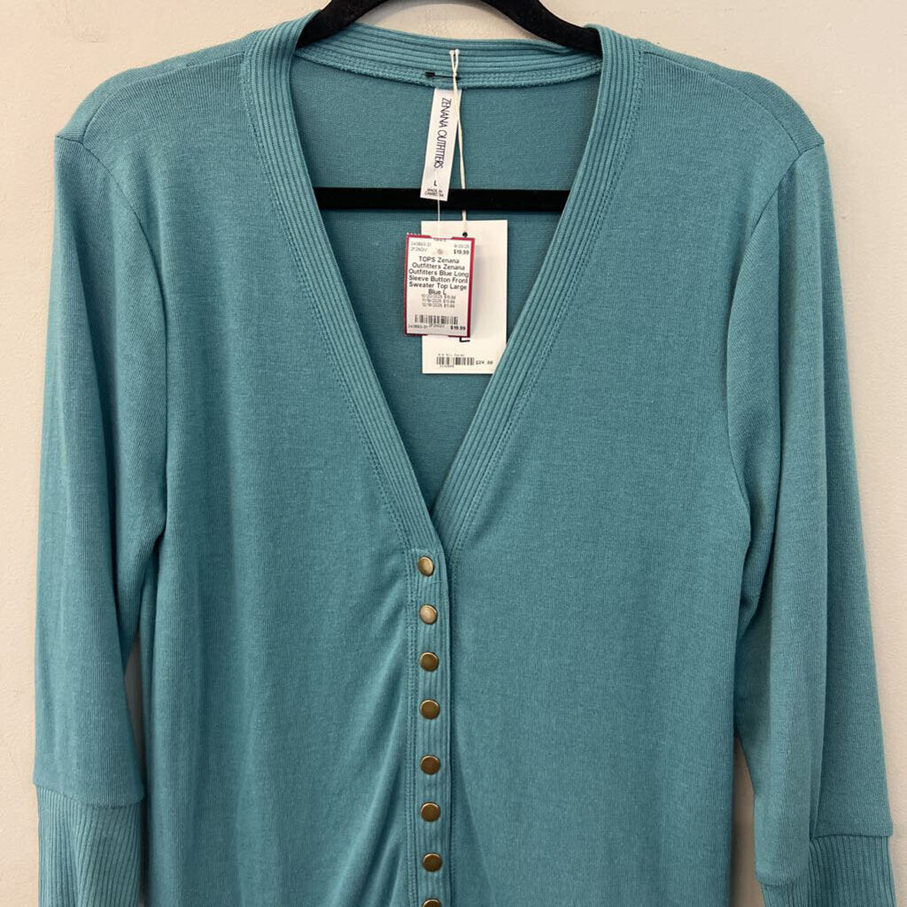 Zenana Outfitters Blue Long Sleeve Button Front Sweater Top Large
