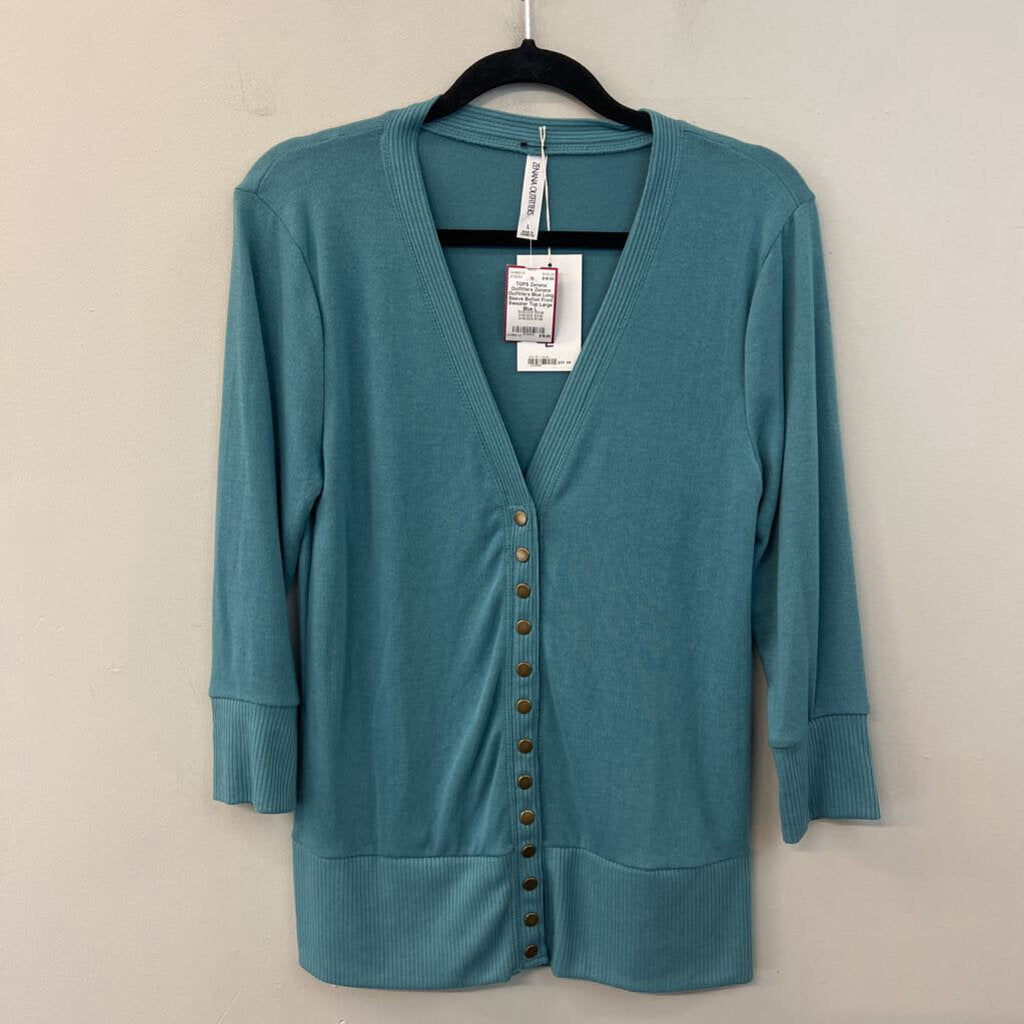 Zenana Outfitters Blue Long Sleeve Button Front Sweater Top Large