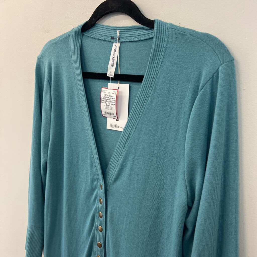 Zenana Outfitters Blue Long Sleeve Button Front Sweater Top Large