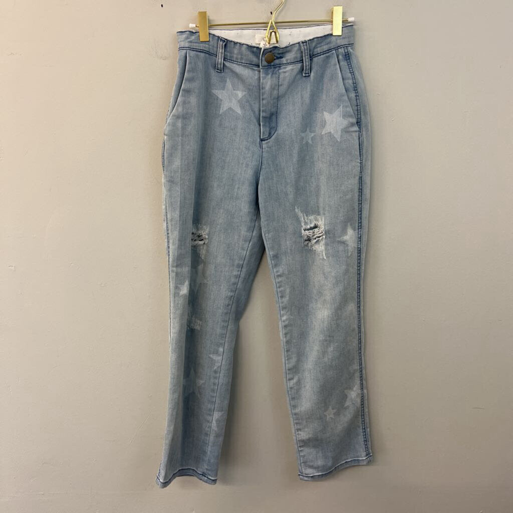 Easel Light Blue Star Print Distressed Denim Pants Small