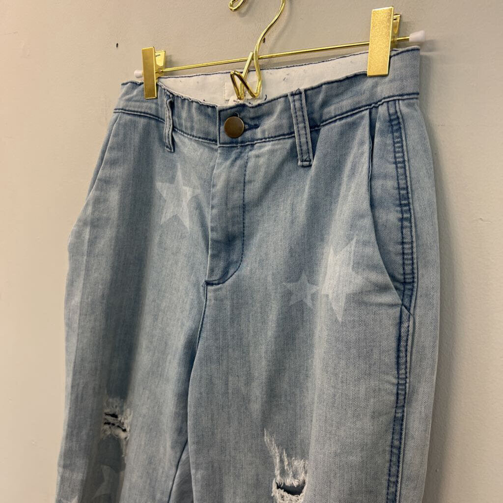 Easel Light Blue Star Print Distressed Denim Pants Small