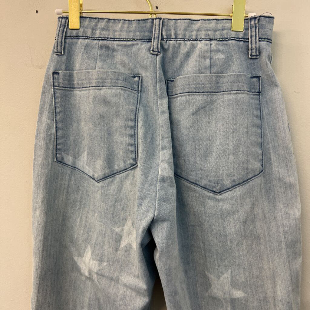 Easel Light Blue Star Print Distressed Denim Pants Small