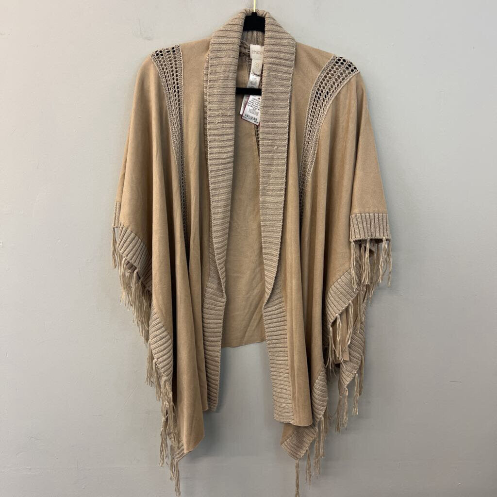 Chicos Brown Wude/ Knit Fringe Hem Shoulder Wrap Top One Size