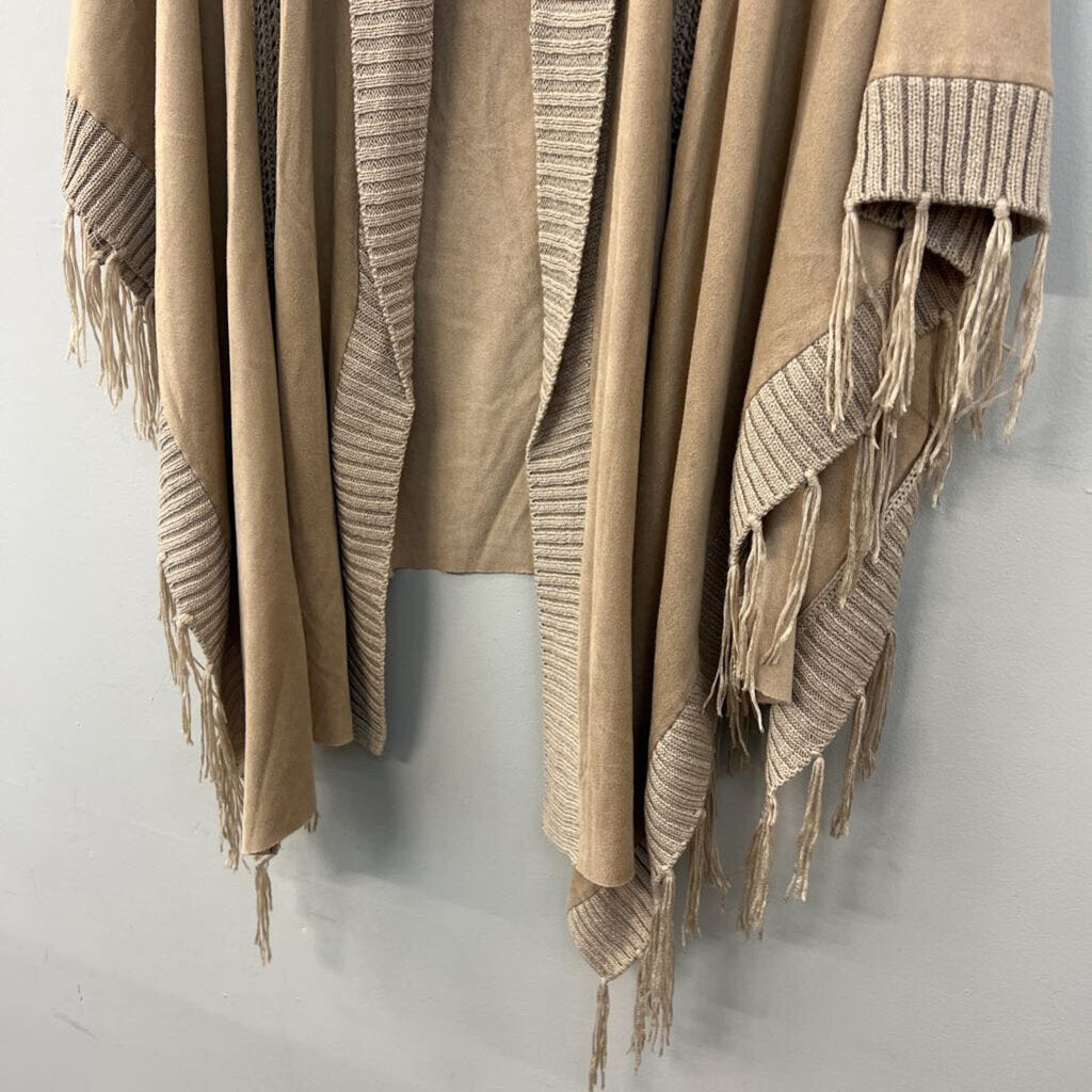 Chicos Brown Wude/ Knit Fringe Hem Shoulder Wrap Top One Size