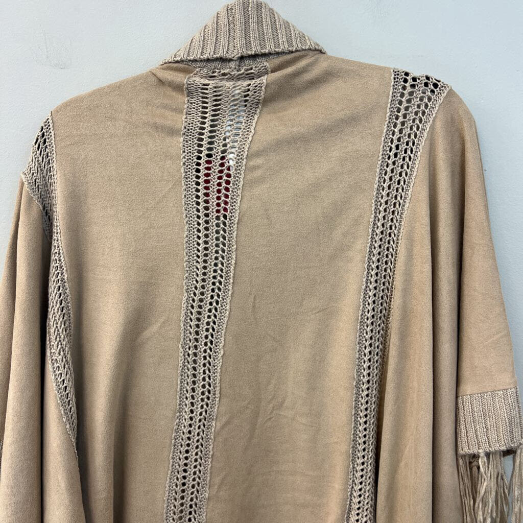 Chicos Brown Wude/ Knit Fringe Hem Shoulder Wrap Top One Size
