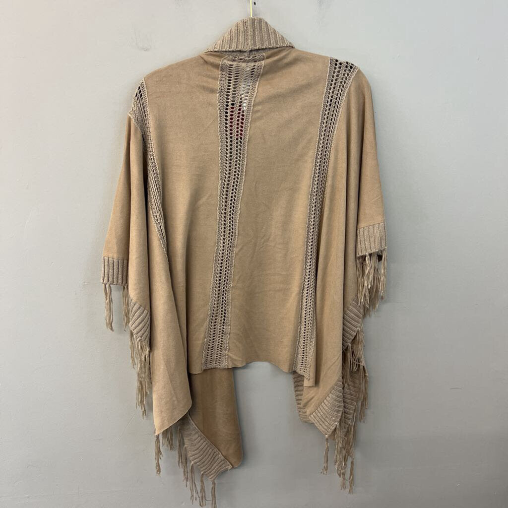 Chicos Brown Wude/ Knit Fringe Hem Shoulder Wrap Top One Size