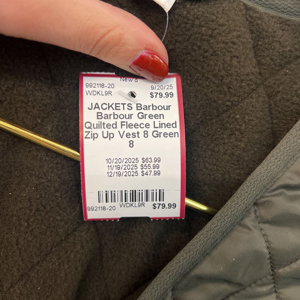 Barbour Green Quilted Fleece Lined Zip Up Vest 8
