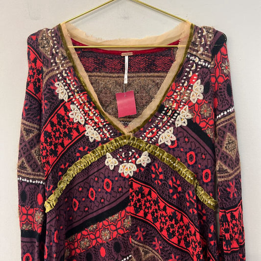 Free People Purple/ Red/ Multi Knit Print Long Sleeve Top Extra Small