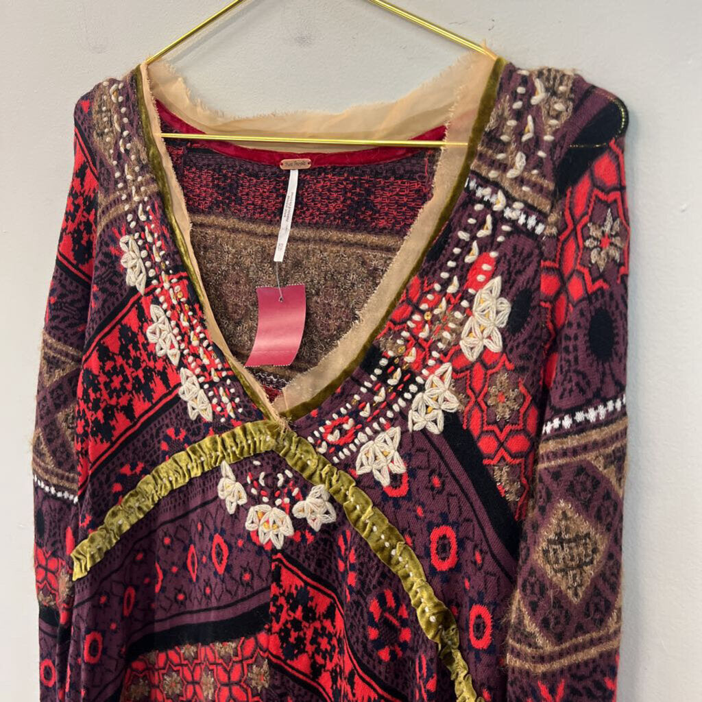 Free People Purple/ Red/ Multi Knit Print Long Sleeve Top Extra Small