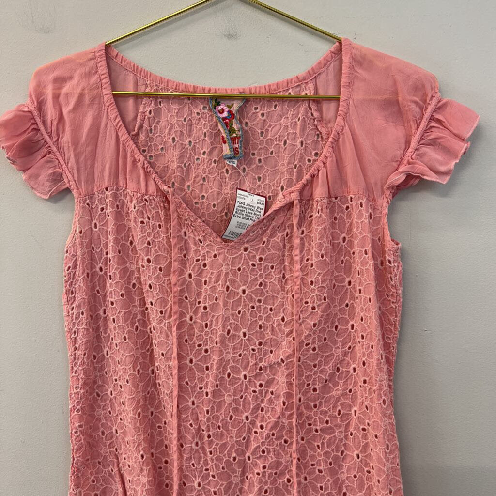 Johnny Was Pink Eyelet Lace Short Ruffle Sleeve Top Extra Small