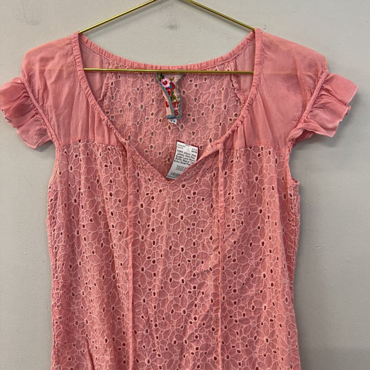 Johnny Was Pink Eyelet Lace Short Ruffle Sleeve Top Extra Small
