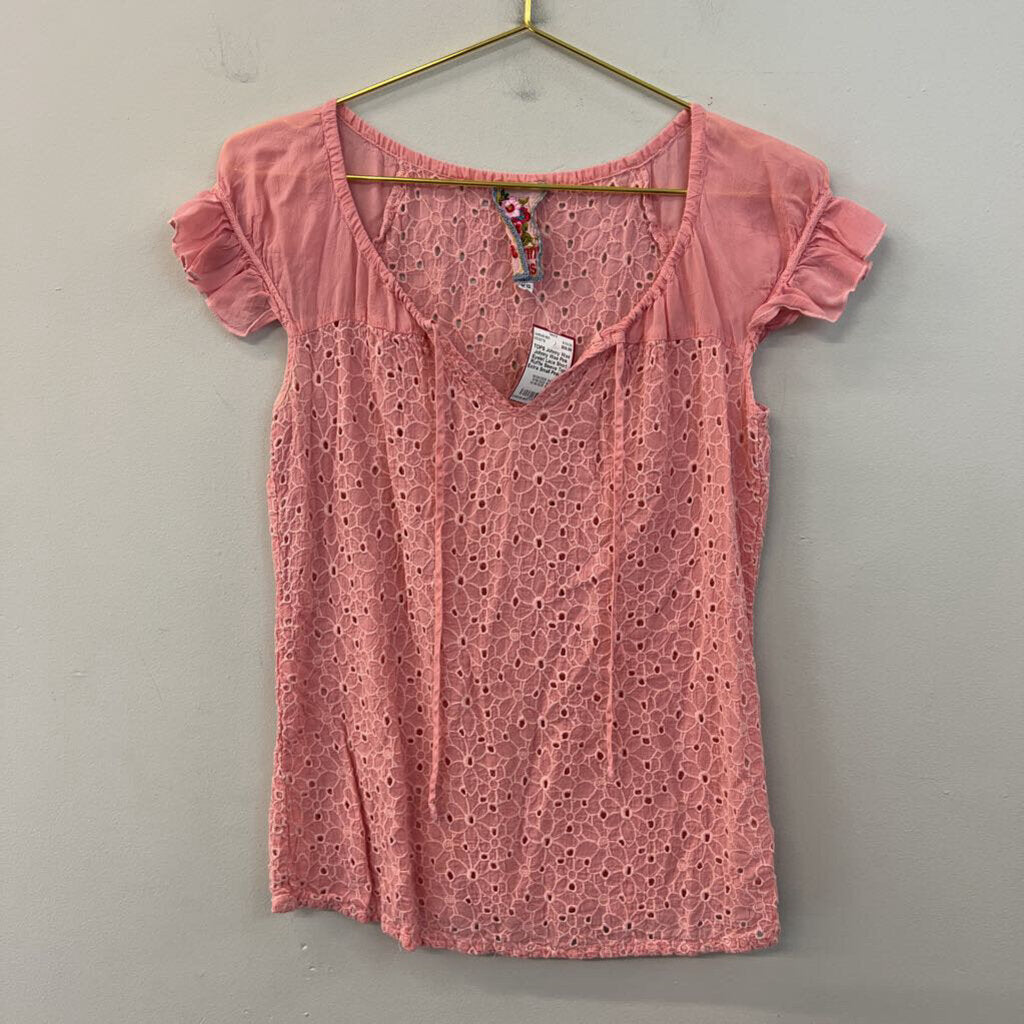 Johnny Was Pink Eyelet Lace Short Ruffle Sleeve Top Extra Small