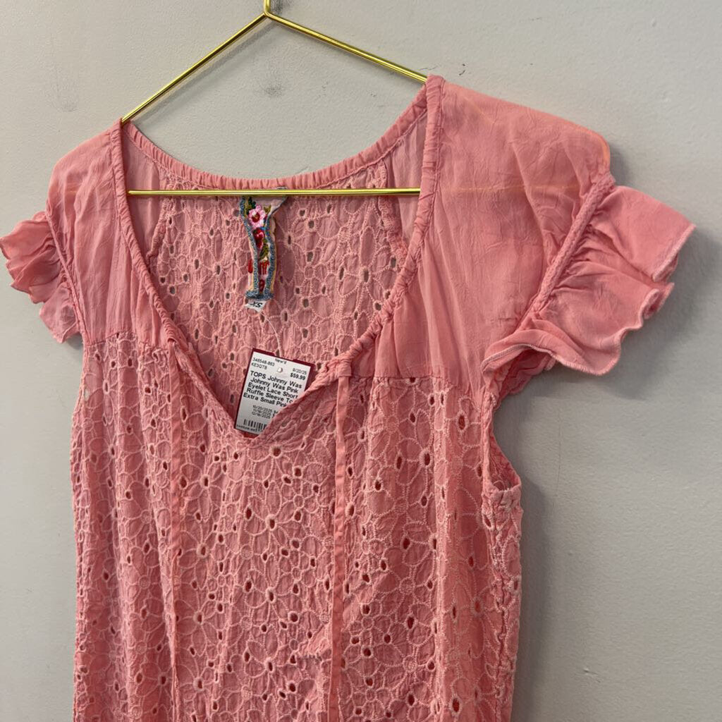 Johnny Was Pink Eyelet Lace Short Ruffle Sleeve Top Extra Small