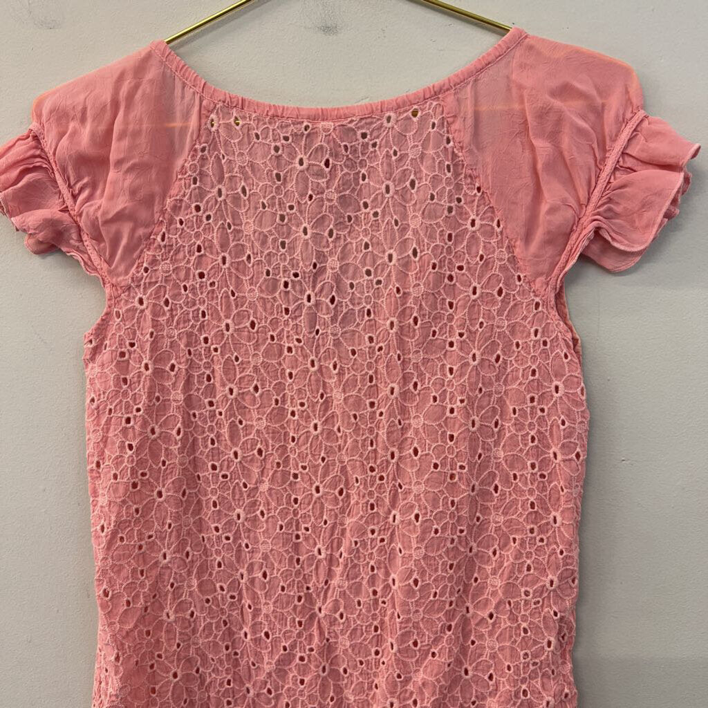 Johnny Was Pink Eyelet Lace Short Ruffle Sleeve Top Extra Small