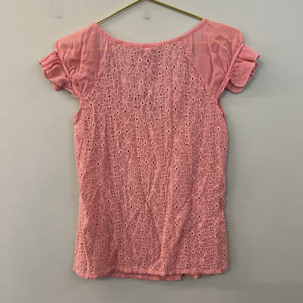 Johnny Was Pink Eyelet Lace Short Ruffle Sleeve Top Extra Small