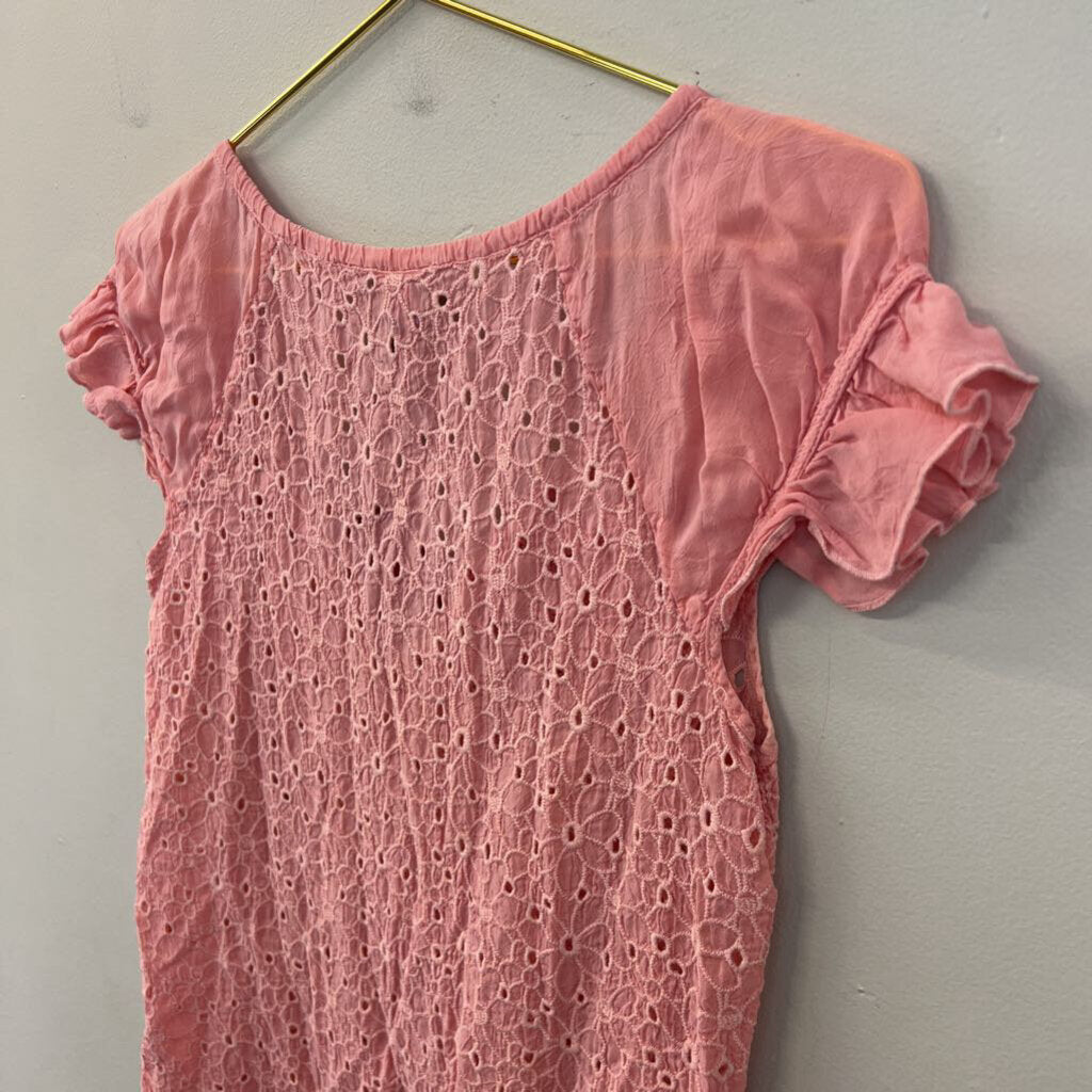 Johnny Was Pink Eyelet Lace Short Ruffle Sleeve Top Extra Small