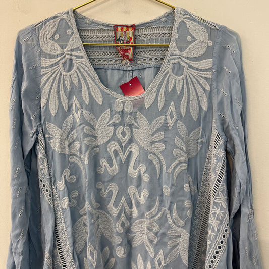 Johnny Was Blue Embroidered Detail Long Sleeve Top Small