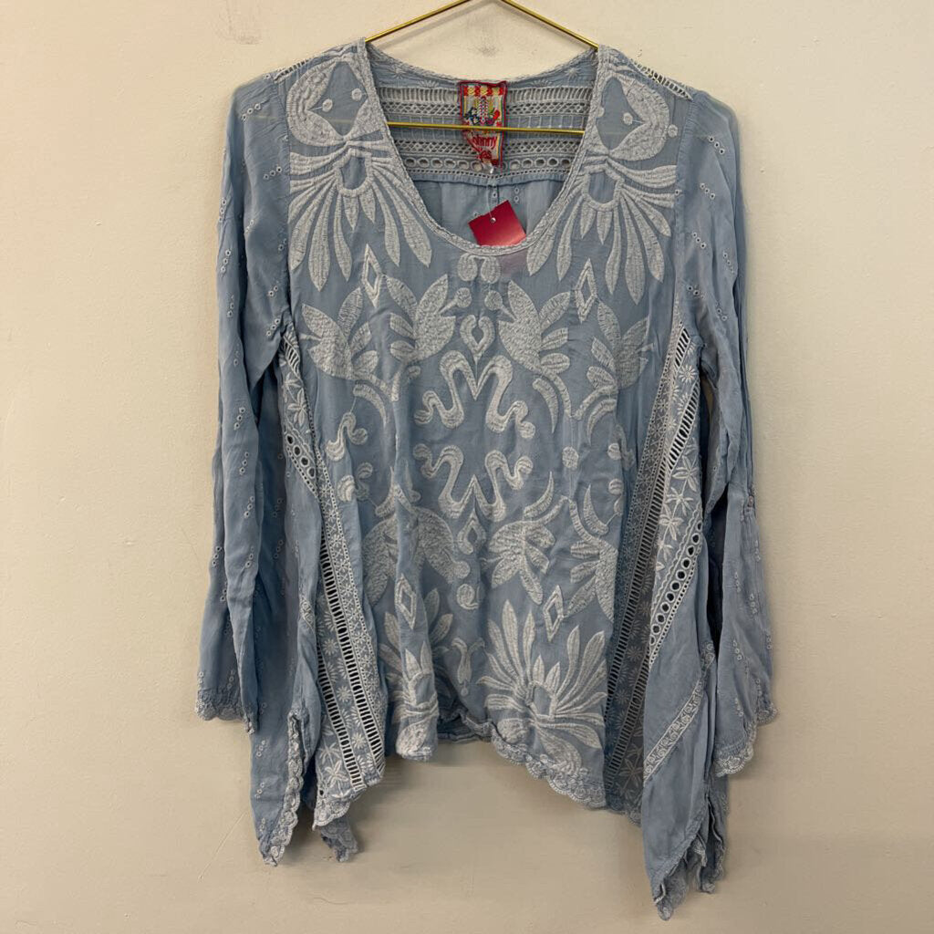 Johnny Was Blue Embroidered Detail Long Sleeve Top Small