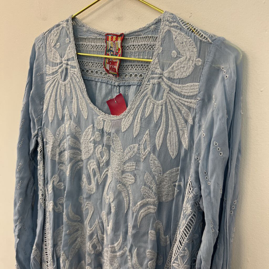 Johnny Was Blue Embroidered Detail Long Sleeve Top Small