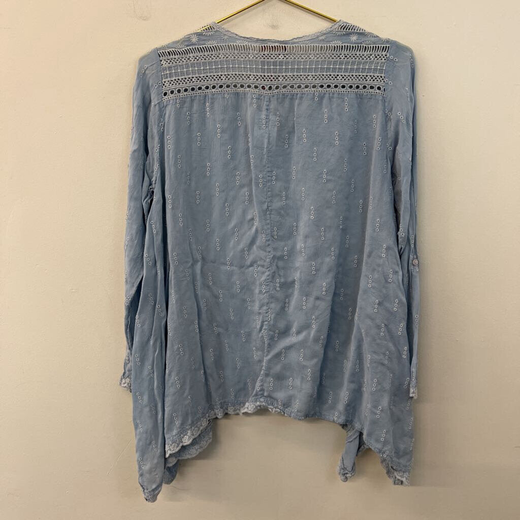 Johnny Was Blue Embroidered Detail Long Sleeve Top Small