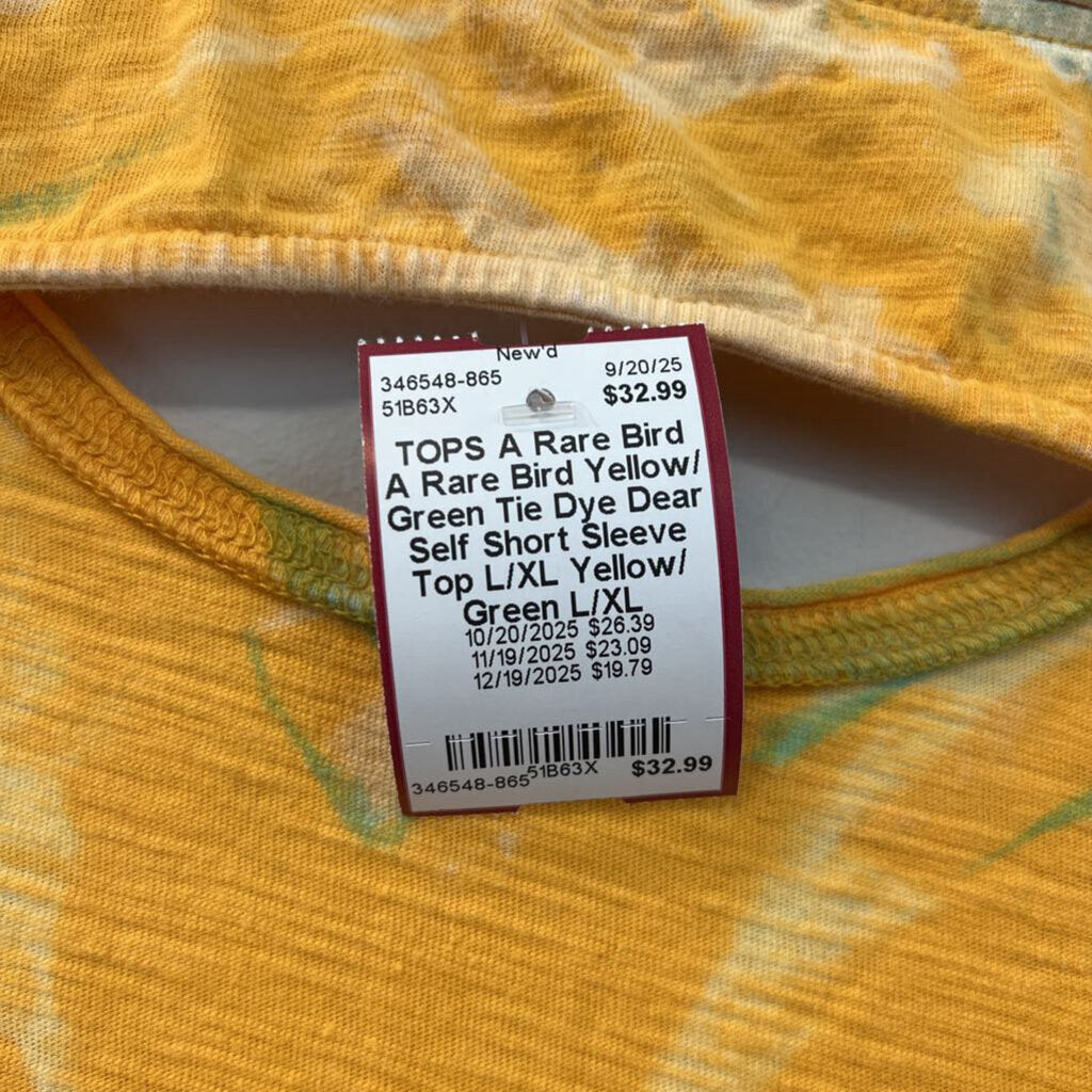A Rare Bird Yellow/ Green Tie Dye Dear Self Short Sleeve Top L/XL