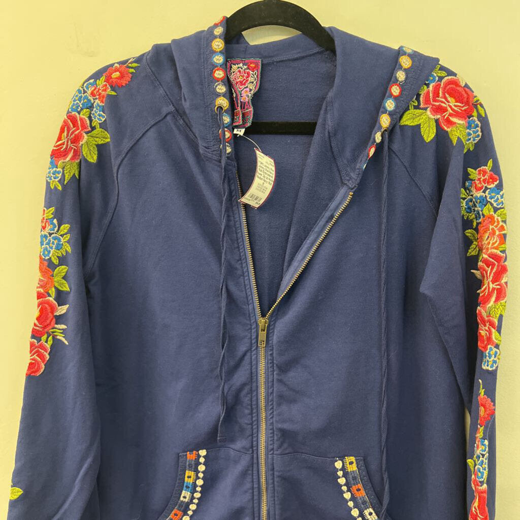 Johnny Was Navy/ Multi Embroidered Flower Zip Up Hoodie Medium