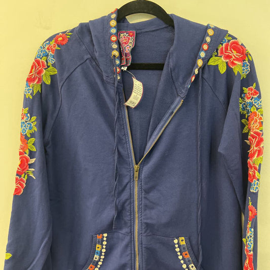 Johnny Was Navy/ Multi Embroidered Flower Zip Up Hoodie Medium