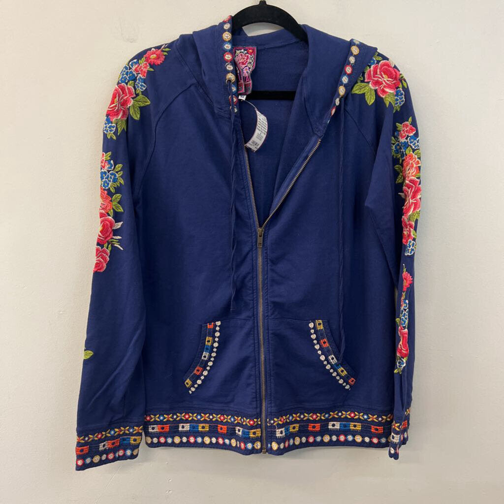 Johnny Was Navy/ Multi Embroidered Flower Zip Up Hoodie Medium