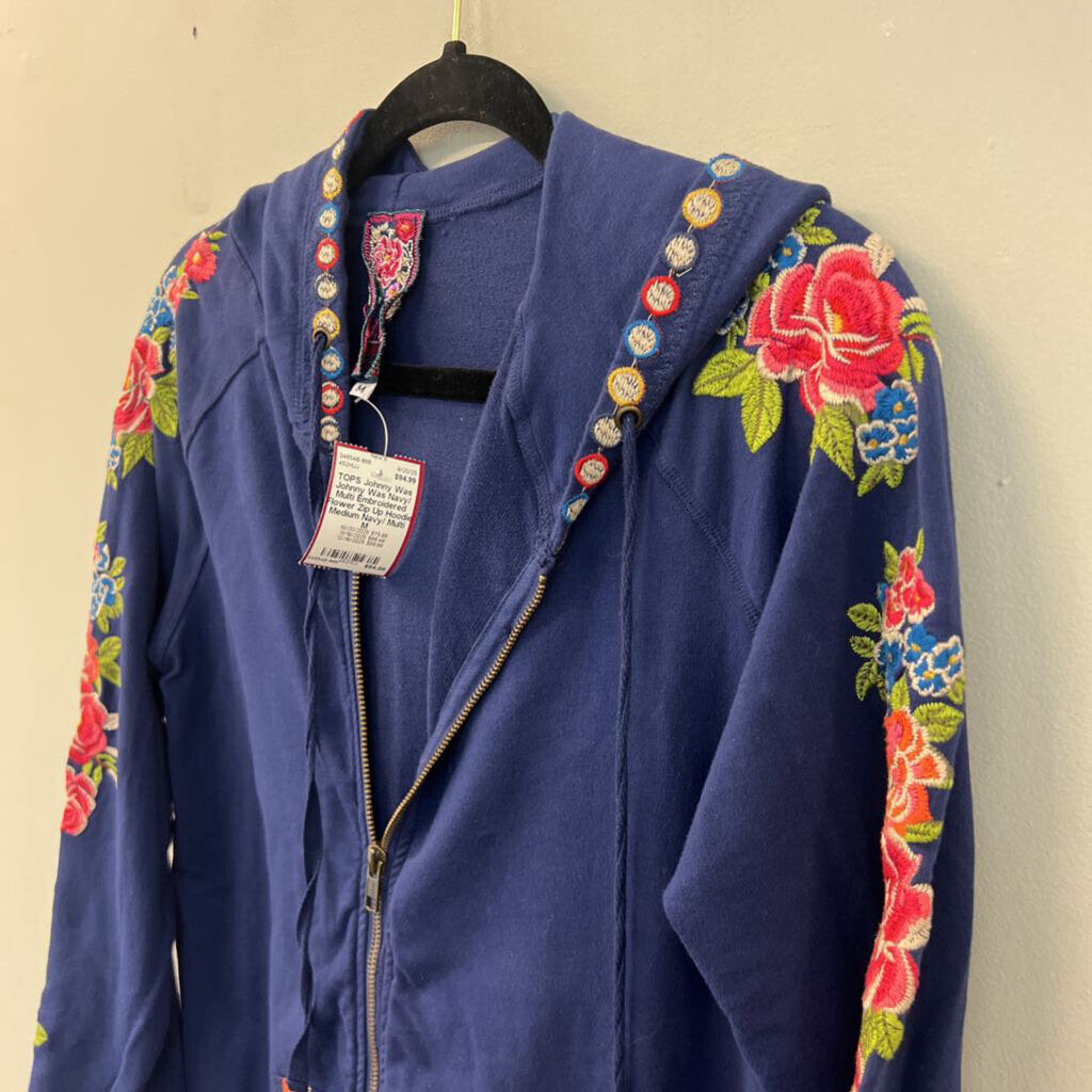 Johnny Was Navy/ Multi Embroidered Flower Zip Up Hoodie Medium