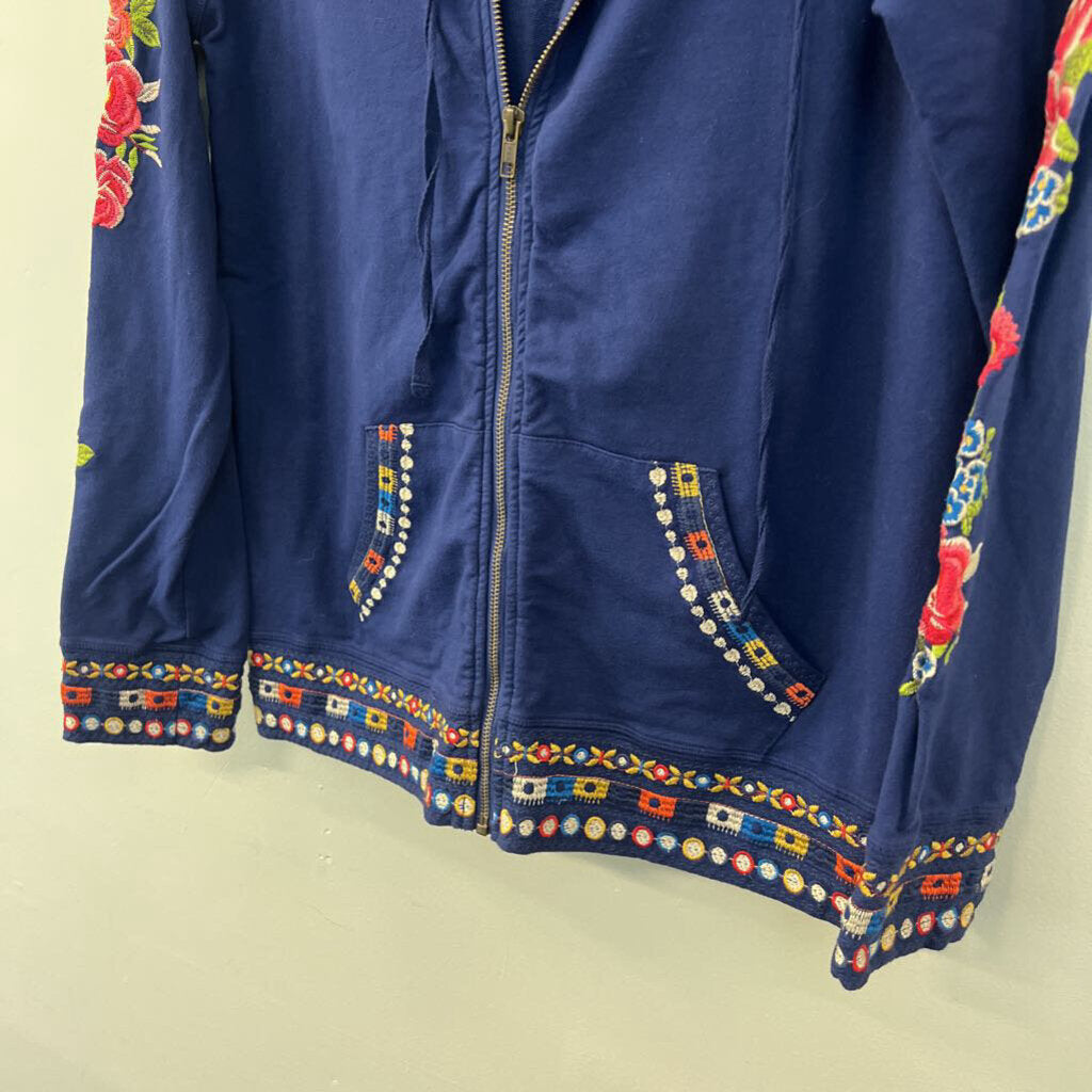 Johnny Was Navy/ Multi Embroidered Flower Zip Up Hoodie Medium