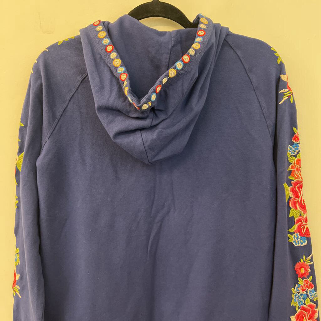 Johnny Was Navy/ Multi Embroidered Flower Zip Up Hoodie Medium