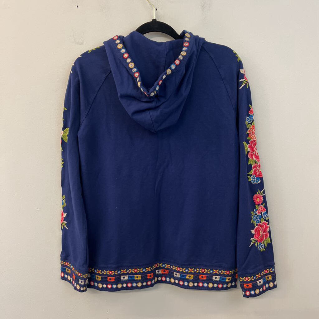 Johnny Was Navy/ Multi Embroidered Flower Zip Up Hoodie Medium