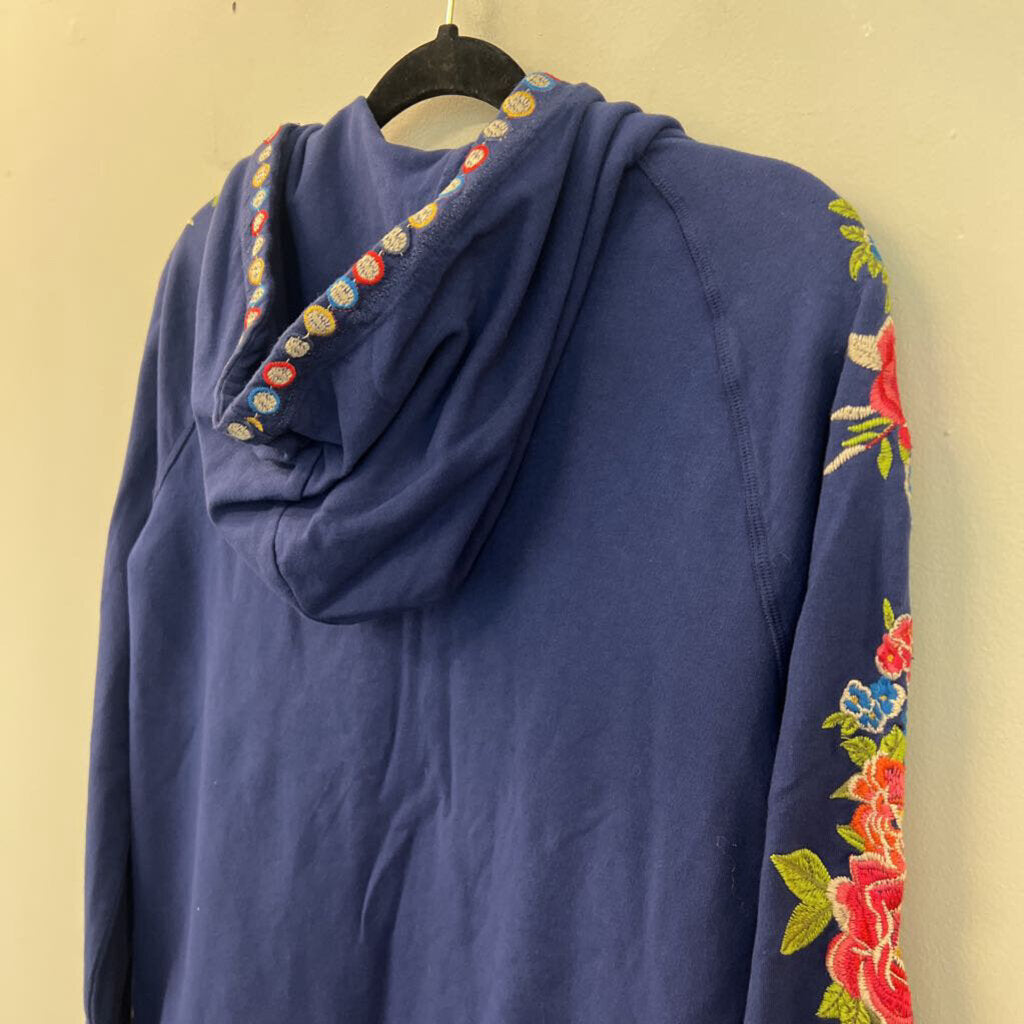 Johnny Was Navy/ Multi Embroidered Flower Zip Up Hoodie Medium