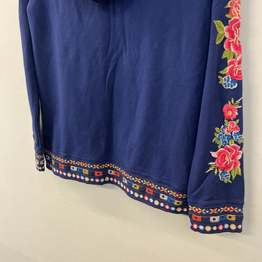 Johnny Was Navy/ Multi Embroidered Flower Zip Up Hoodie Medium