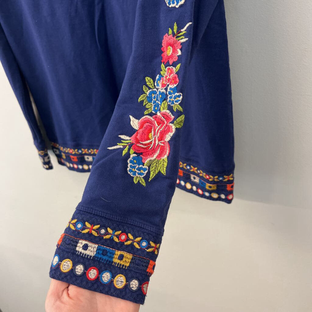 Johnny Was Navy/ Multi Embroidered Flower Zip Up Hoodie Medium