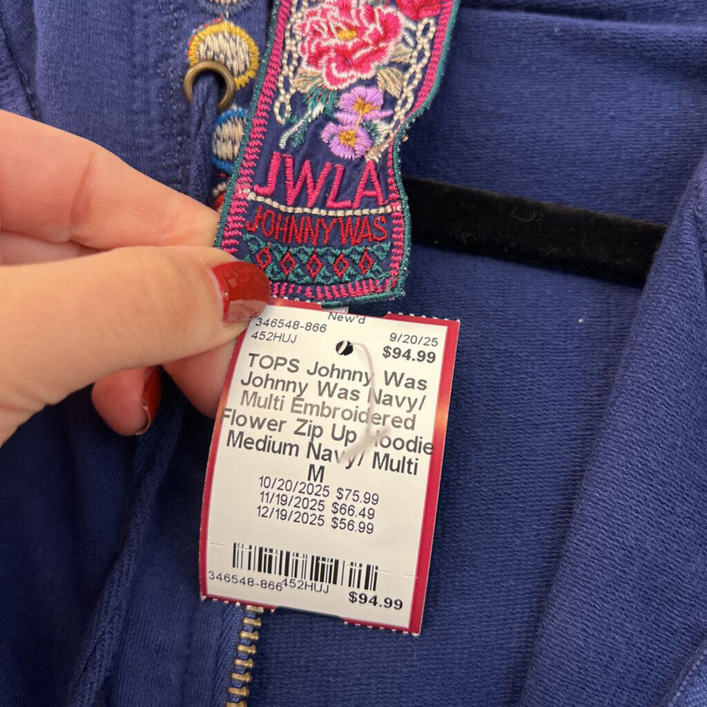 Johnny Was Navy/ Multi Embroidered Flower Zip Up Hoodie Medium