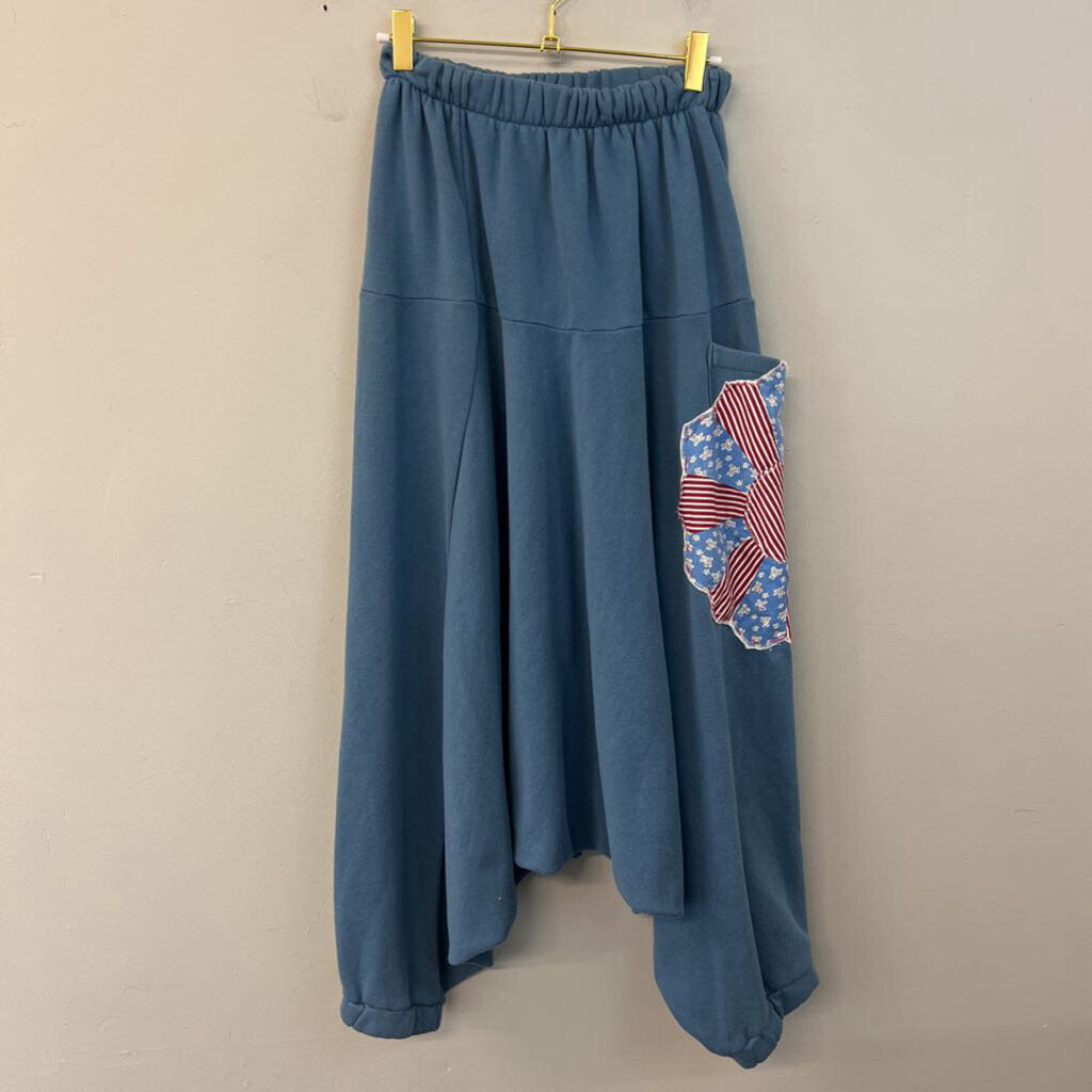 Blue Patchwork Detail Wide Leg Genie Pull On Pants Small