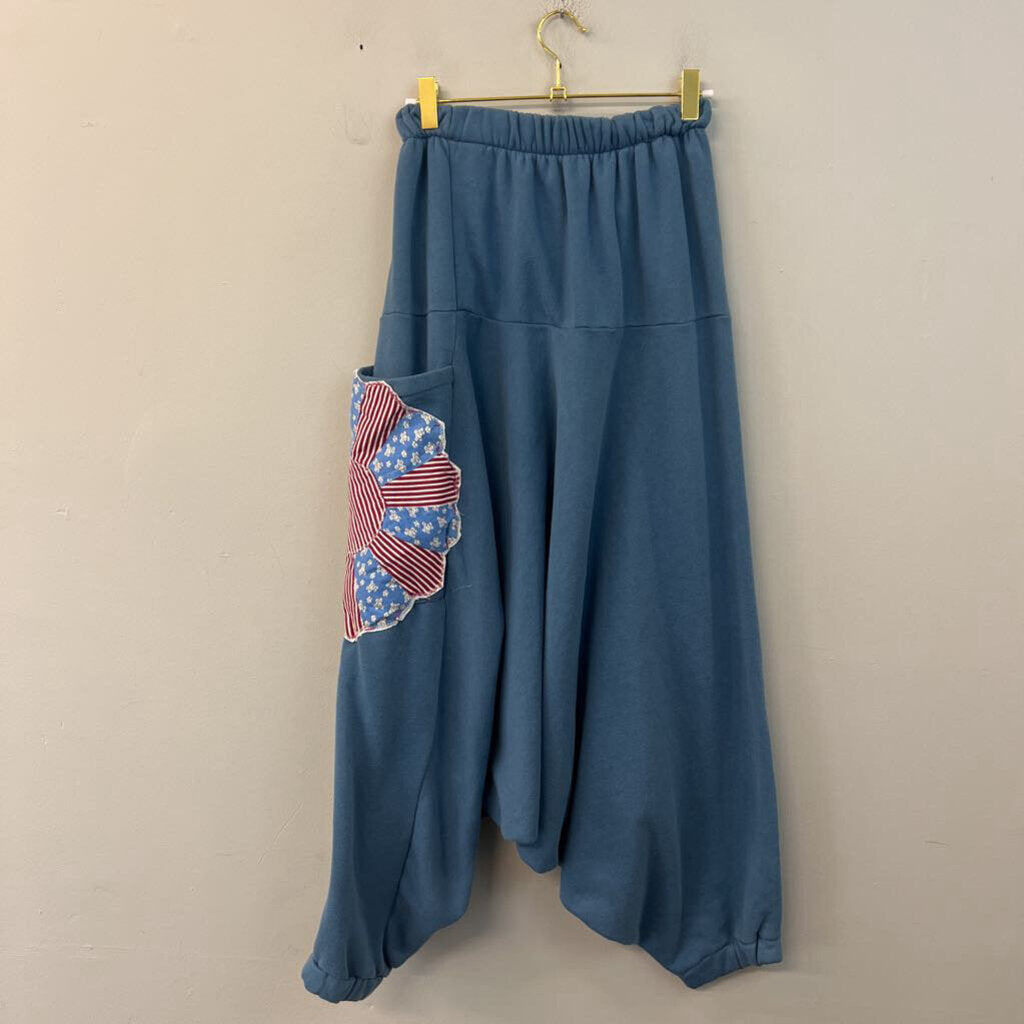 Blue Patchwork Detail Wide Leg Genie Pull On Pants Small
