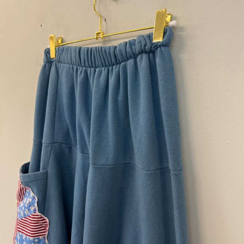Blue Patchwork Detail Wide Leg Genie Pull On Pants Small