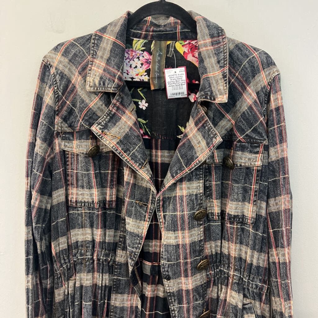 Aratta Silent Journey Blue/ Grey Plaid Ruffian Long Jacket Small
