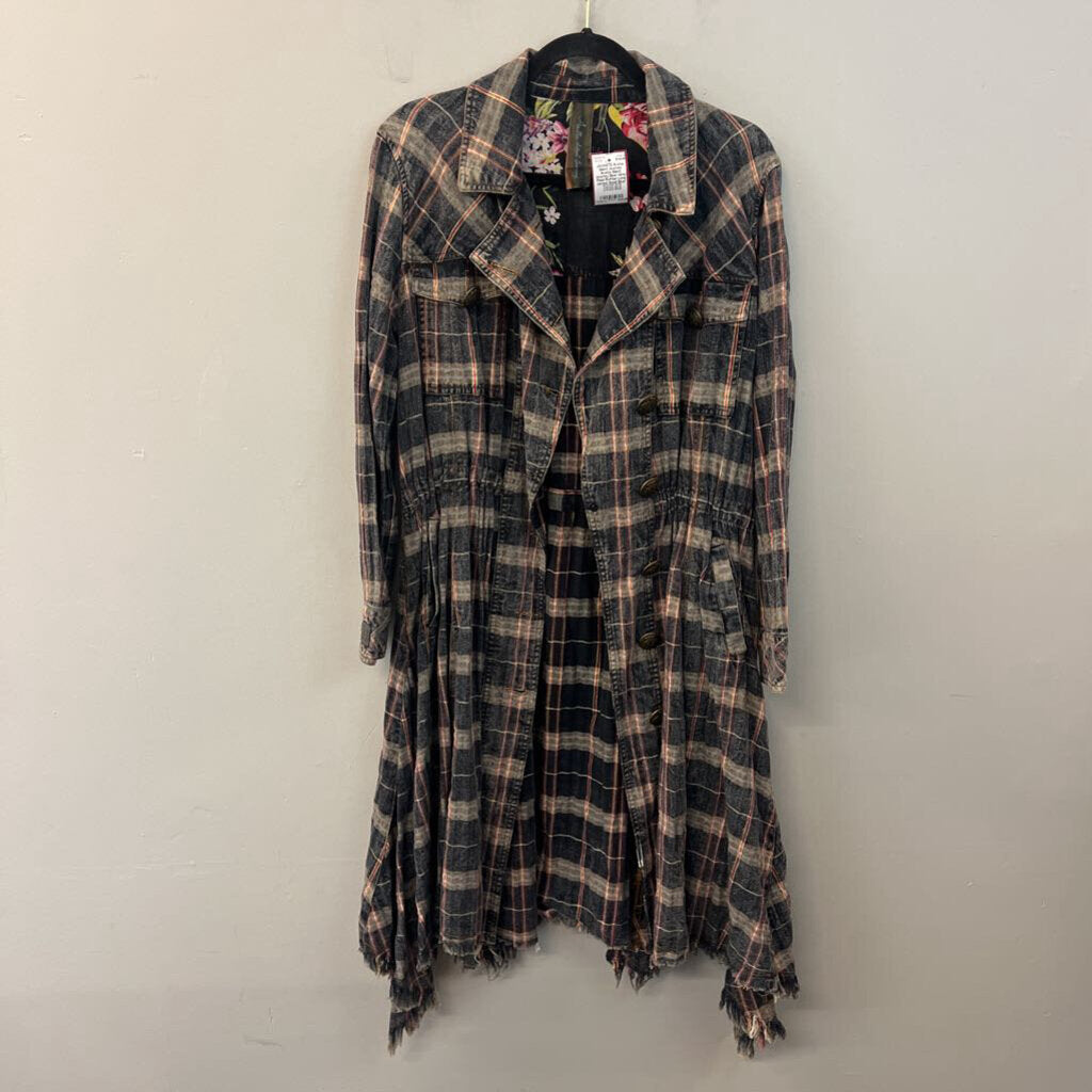 Aratta Silent Journey Blue/ Grey Plaid Ruffian Long Jacket Small